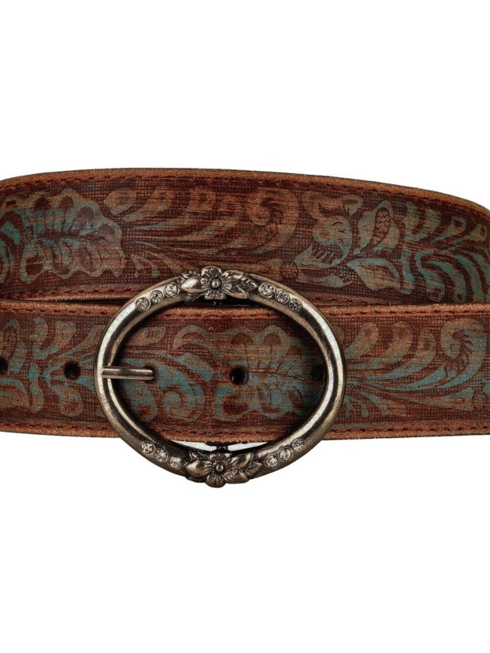 Distressed and Embossed Brown Teal Leather Belt with Rhinestone Ring Buckle